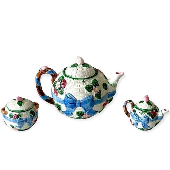 VTG 1985 Haldon Japanese Majolica Ceramic Ribbon Basketweave Teapot 3 Piece Set - Picture 1 of 16